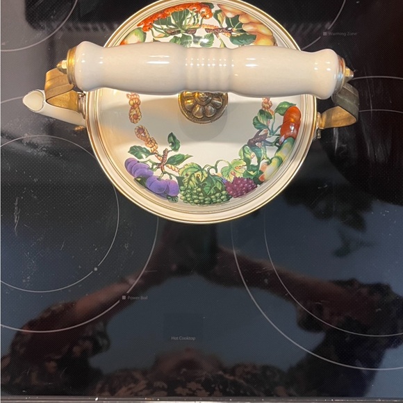 TEA KETTLE POT FRUIT ENAMEL WATER KETTLE CERAMIC BRASS HANDLE ANTIQUE VINTAGE - Picture 4 of 5